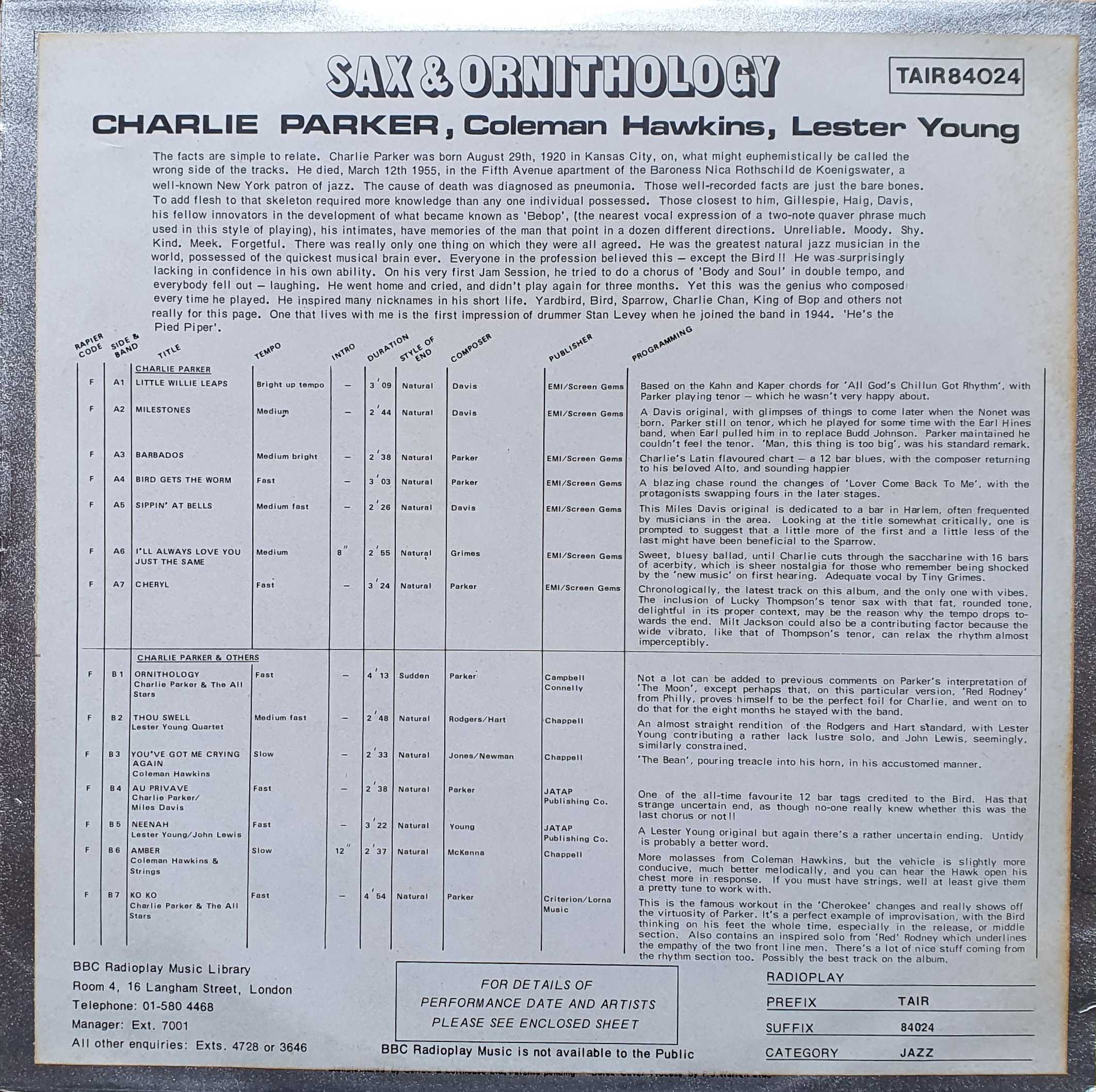 Picture of TAIR 84024 Sax & ornithology by artist Charlie Parker / Coleman Hawkins / Lester Young from the BBC records and Tapes library